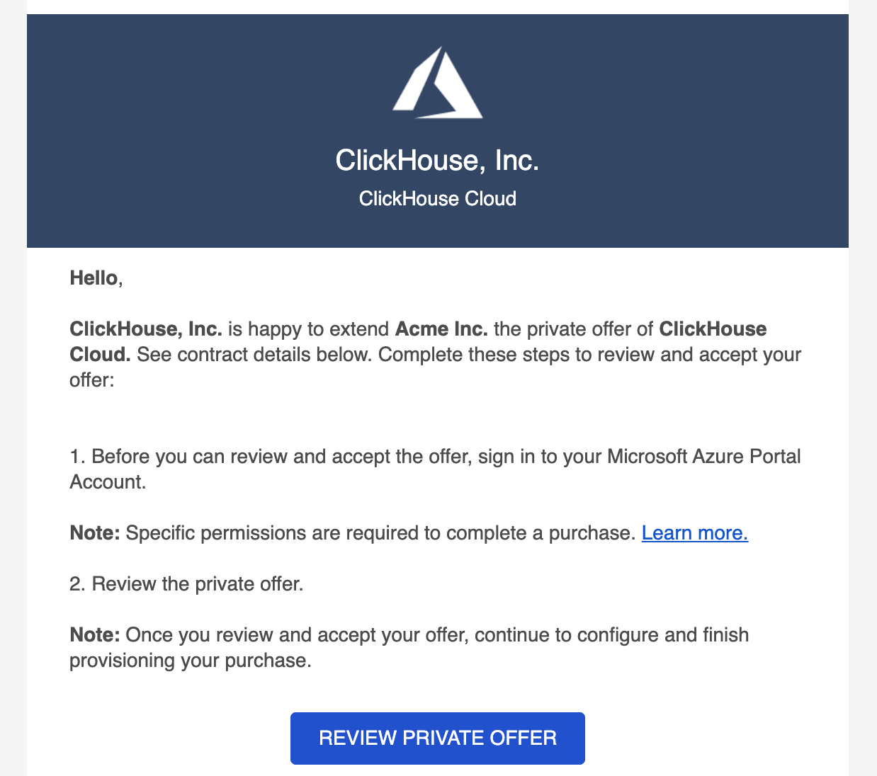 Письмо Azure Marketplace с приватным предложением