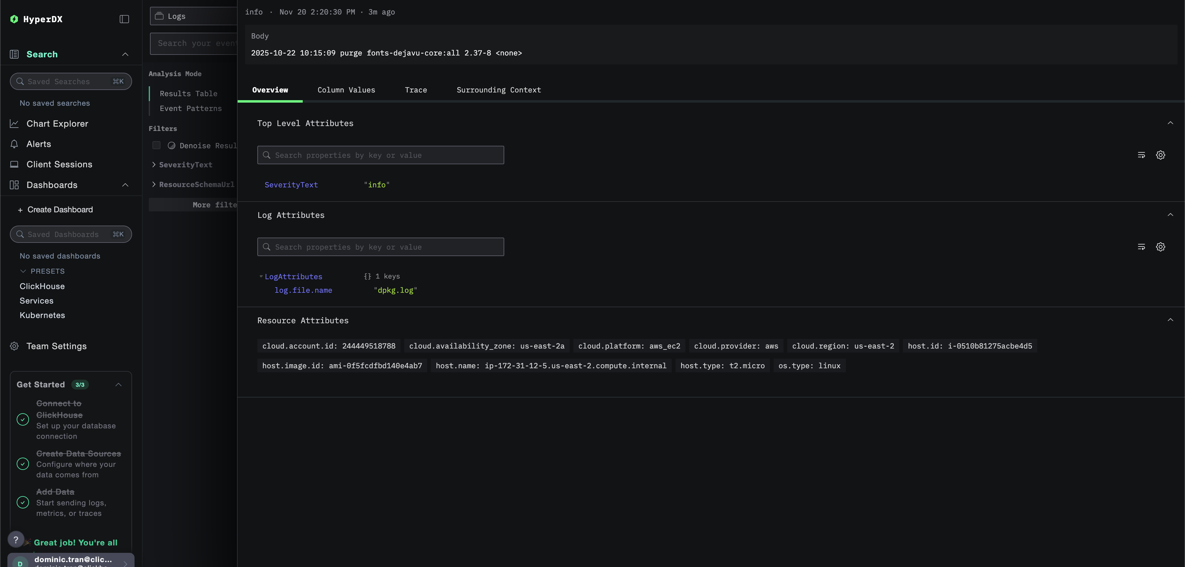 Подробный просмотр журнала EC2 с метаданными